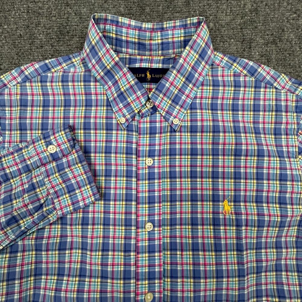 Ralph‎ Lauren Button Down Shirt Mens Size M Blue Pink Yellow Plaid Long Sleeve